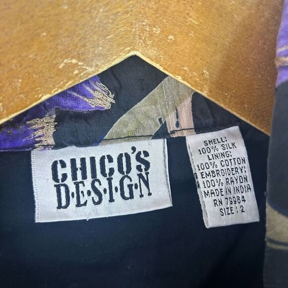 Vintage Chico’s Black Asian Floral Beaded Embroidered Silk Jacket Women's Size 2 - Picture 6 of 11